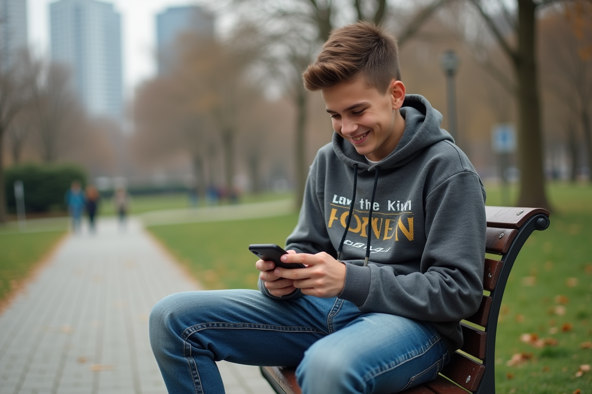 Adolescent souriant utilisant son smartphone sur un banc de parc