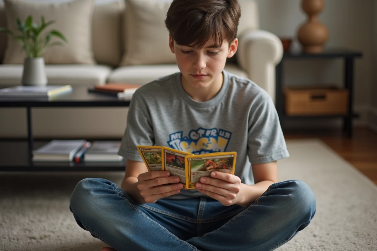 Adolescent examinant son deck Pokémon Pocket composé de cartes communes et rares ordinaires