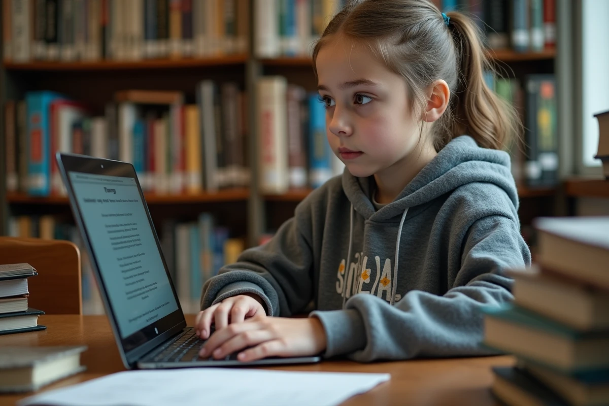 Jeune fille étudie sur ordinateur dans une bibliothèque