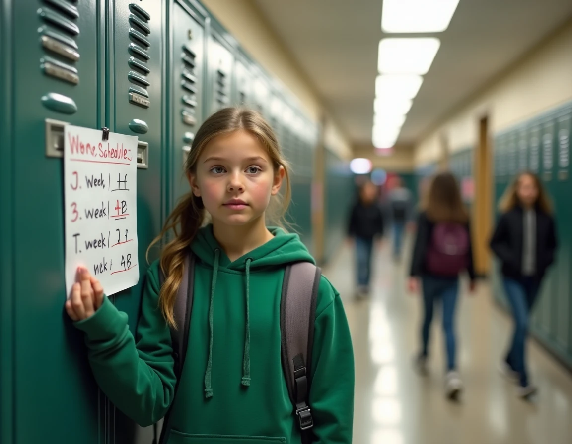 Adolescente affichant un planning semaine A et semaine B dans son casier scolaire
