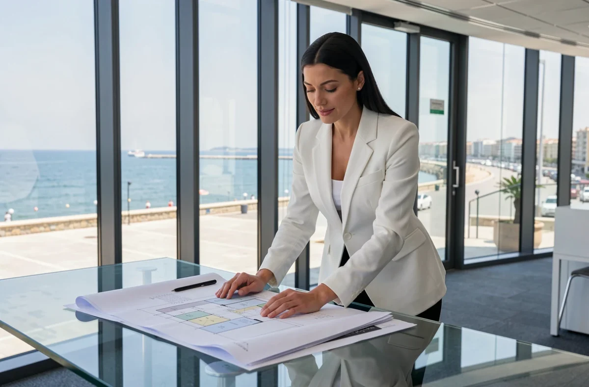 Directrice de l'Agence NUA examinant des plans d'événement dans un bureau avec vue sur la Promenade des Anglais à Nice