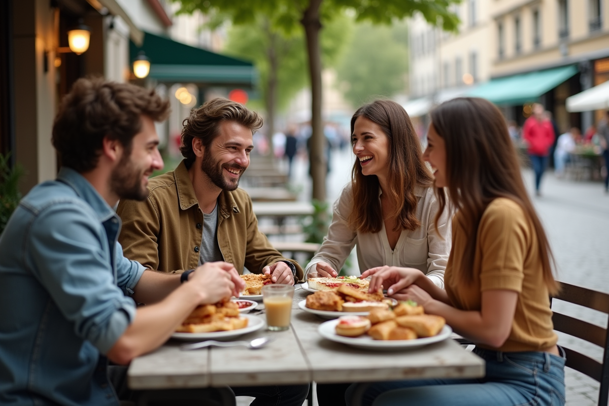 Amis jeunes adultes partageant un repas en terrasse
