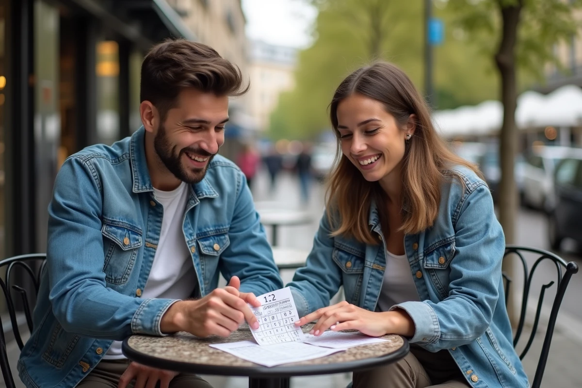 Deux amis comparant leurs grilles de loto autour d'une table de café en terrasse