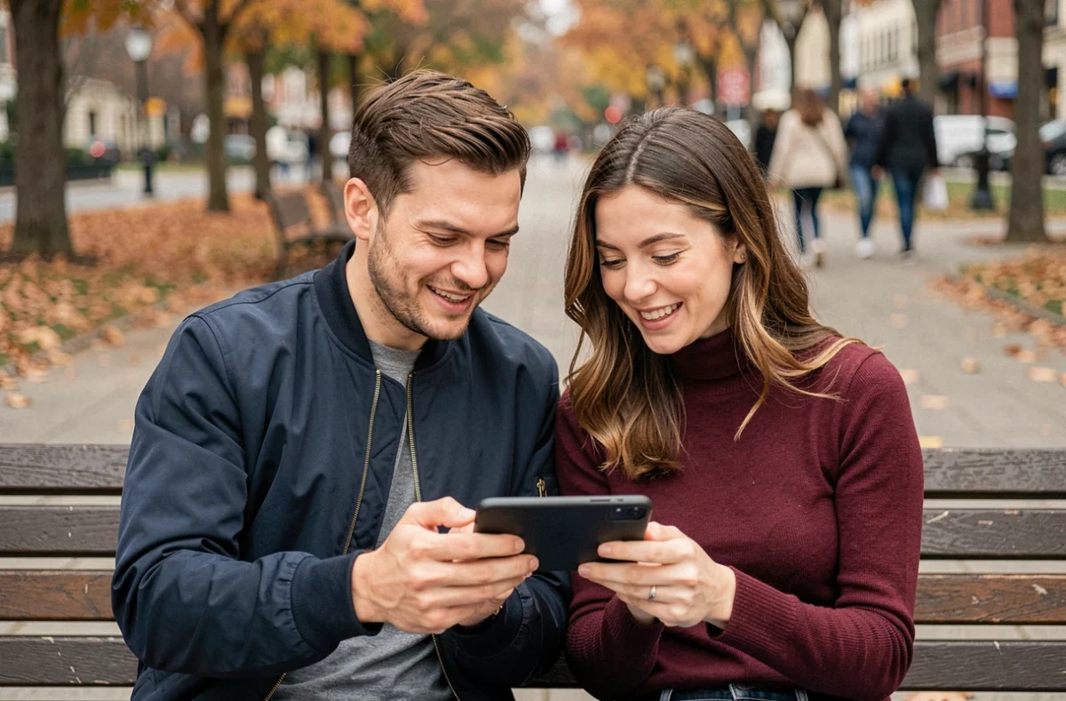 Deux amis sur un banc de parc qui analysent ensemble la signification d'un emoji reçu par texto