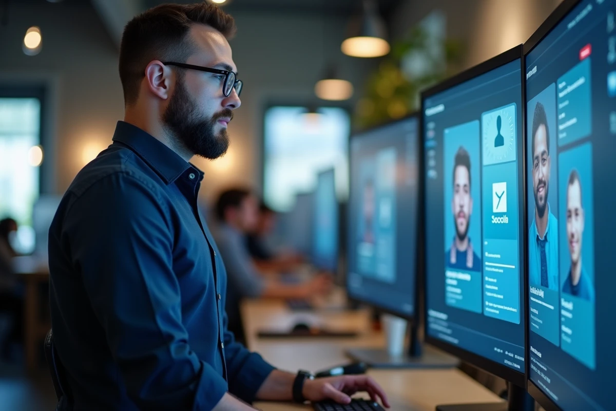 Homme en bureau tech comparant des profils de réseaux sociaux pour identifier des comptes bots automatisés