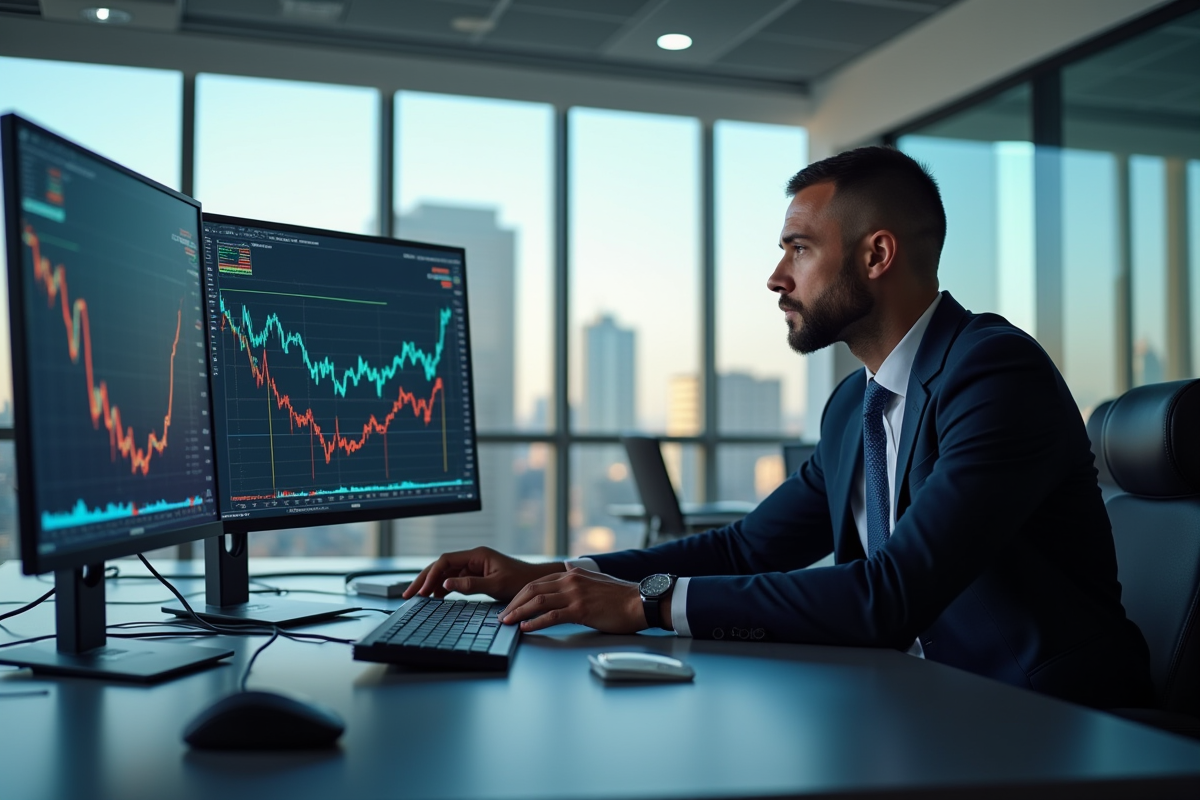Analyste financier examinant graphiques de change et économie