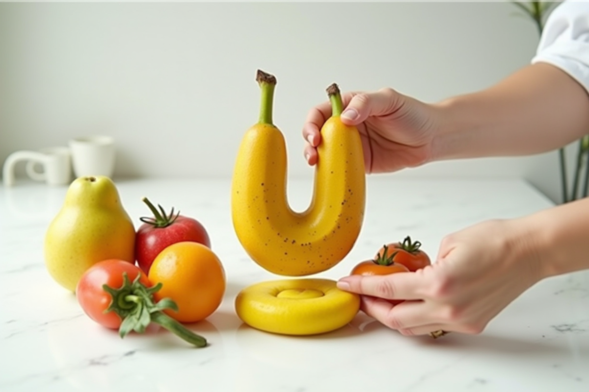 Main arrangeant fruits et légumes commençant par U sur plan moderne