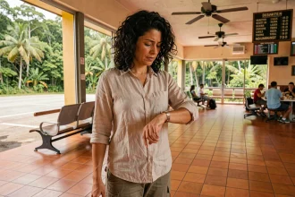 Voyageuse qui consulte sa montre à son arrivée dans un aéroport tropical en Guyane française, entourée de végétation amazonienne