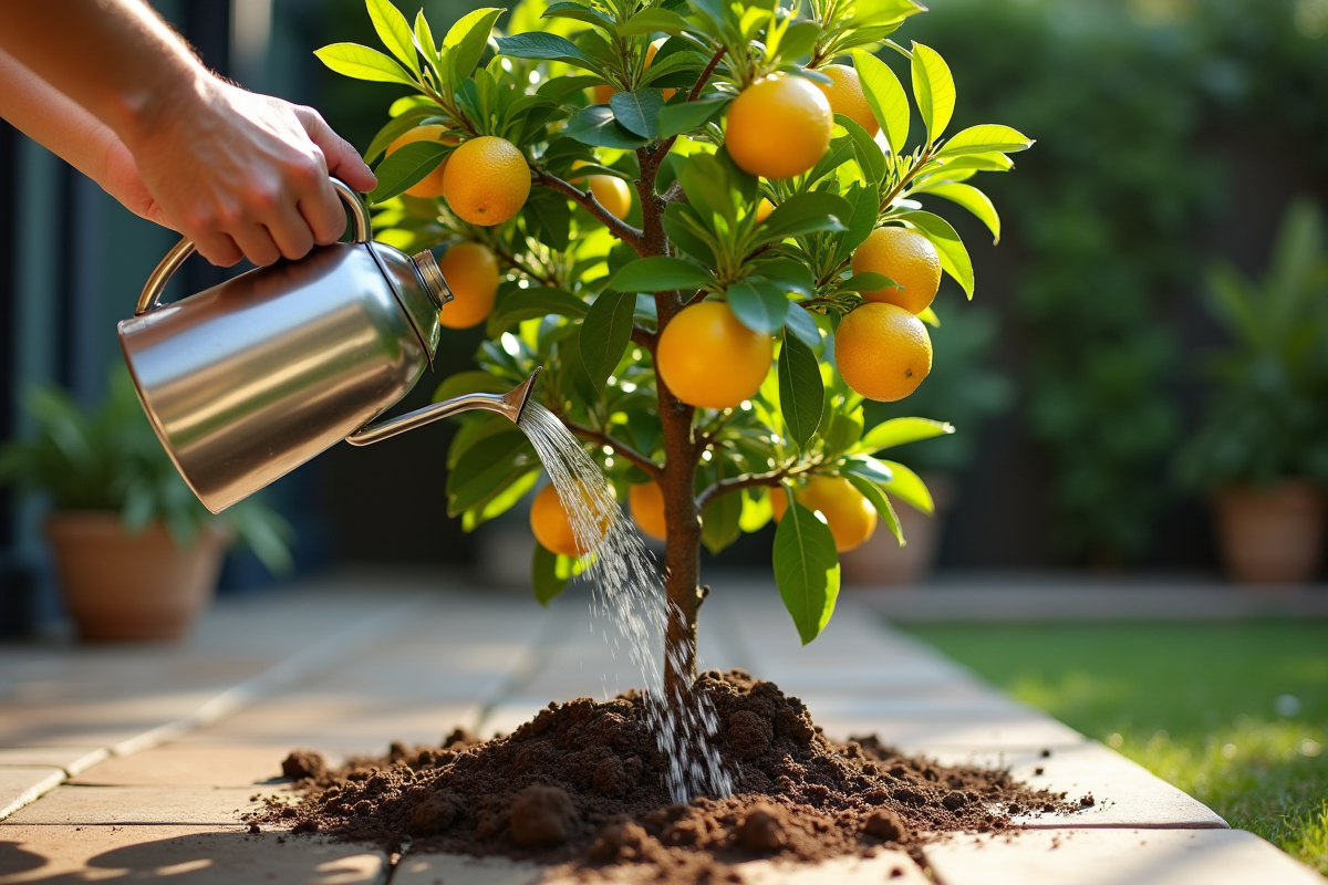 Personne arrosant un citronnier quatre saisons au patio