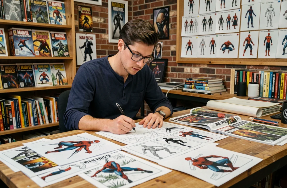 Artiste concept dessinant les connexions entre Man Spider et Spider-Man Noir sur une table de travail couverte de croquis et comics Marvel