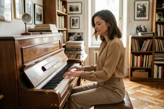 Femme jouant du piano dans un appartement parisien vintage évoquant l'enfance et la jeunesse artistique de Béatrice Grimm