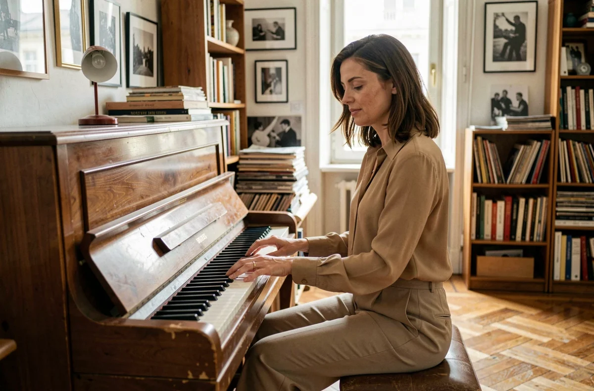 Femme jouant du piano dans un appartement parisien vintage évoquant l'enfance et la jeunesse artistique de Béatrice Grimm
