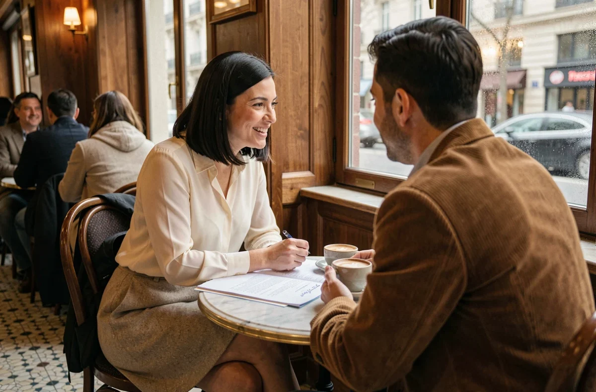 Femme en conversation dans un café parisien vintage illustrant la rencontre entre Béatrice Grimm et Michel Berger dans leur contexte artistique commun