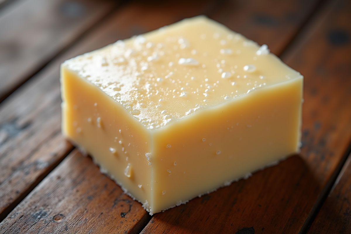 Bloc de foie gras glacé avec cristaux de glace sur table en bois