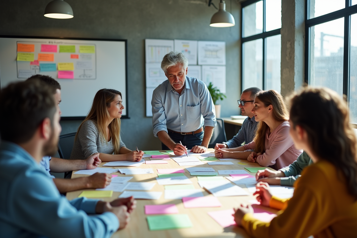Groupe de personnes en brainstorming avec postits et prototypes