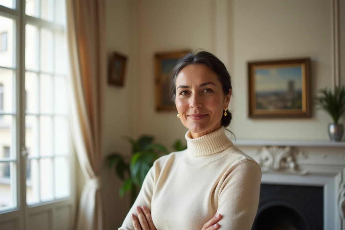 Femme posant dans un appartement parisien aux moulures haussmanniennes, évoquant les origines culturelles et la vie personnelle d'une figure médiatique française