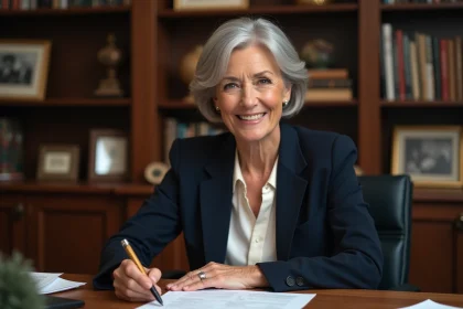 Portrait d'une femme élégante aux cheveux gris argenté assise dans un bureau chaleureux, illustrant la vie privée et l'origine d'une personnalité publique