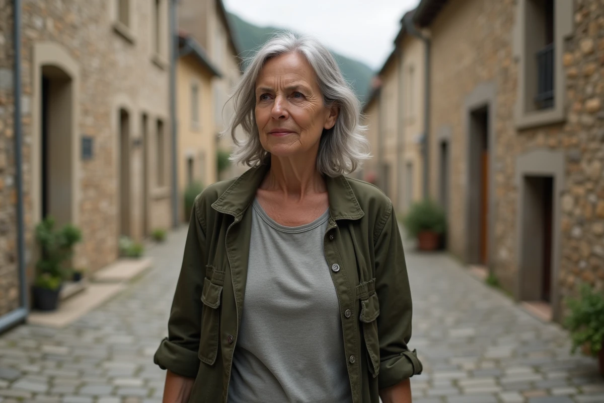 Femme marchant dans une place de village français pavée, capturant une atmosphère authentique liée aux origines et à la vie privée d'une personnalité