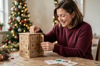 Femme ouvrant une case du calendrier de l'Avent Française des Jeux posé sur une table en bois avec des décorations de Noël en arrière-plan