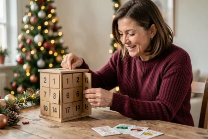 Femme ouvrant une case du calendrier de l'Avent Française des Jeux posé sur une table en bois avec des décorations de Noël en arrière-plan