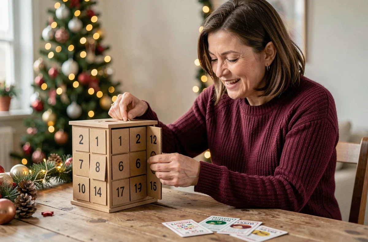 Femme ouvrant une case du calendrier de l'Avent Française des Jeux posé sur une table en bois avec des décorations de Noël en arrière-plan