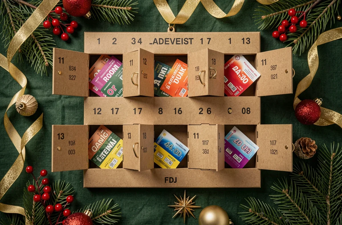 Vue aérienne d'un calendrier de l'Avent Française des Jeux ouvert avec tickets à gratter et décorations de Noël sur une nappe verte