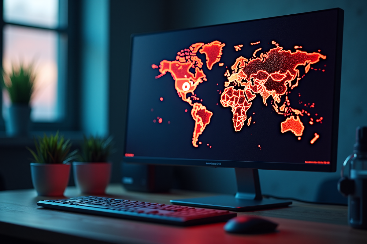 Carte du monde avec pays en rouge et symbole de VPN