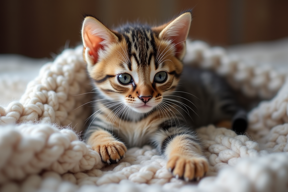 Chaton tabby en train de s’étirer sur une couverture douillette