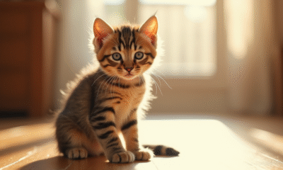 Jeune chaton tabby sur un sol en bois ensoleille