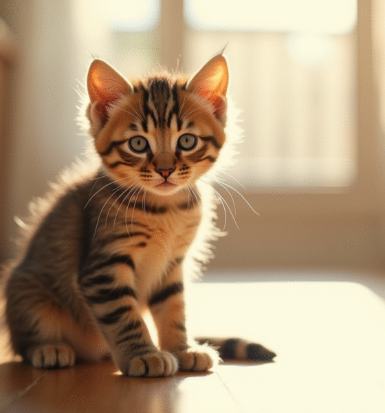 Jeune chaton tabby sur un sol en bois ensoleille
