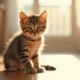 Jeune chaton tabby sur un sol en bois ensoleille