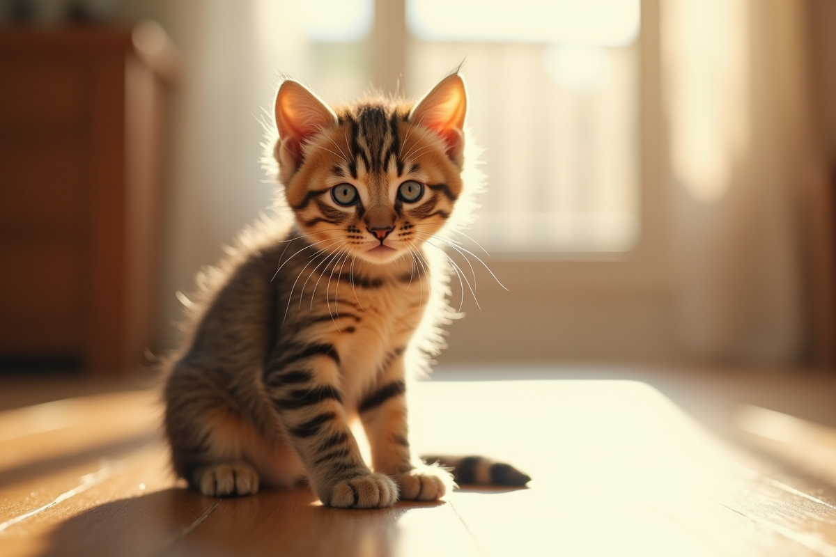 Jeune chaton tabby sur un sol en bois ensoleille