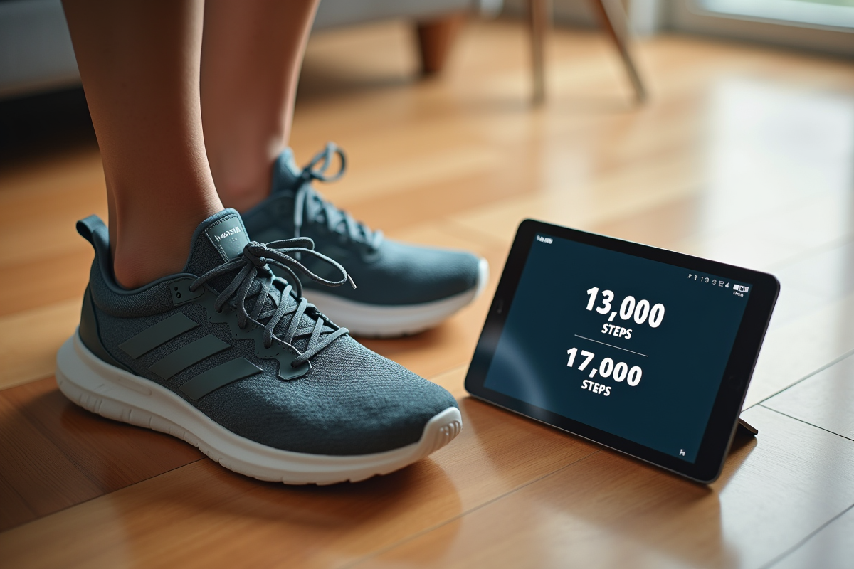 Chaussures de sport sur un sol en bois avec une tablette affichant la conversion en kilomètres