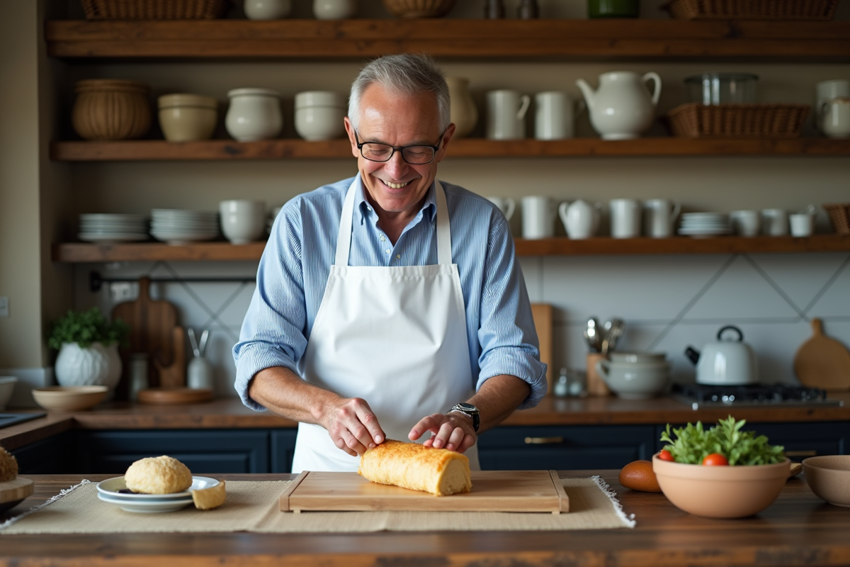 Chef français en blanc préparant du foie gras dans une cuisine chaleureuse