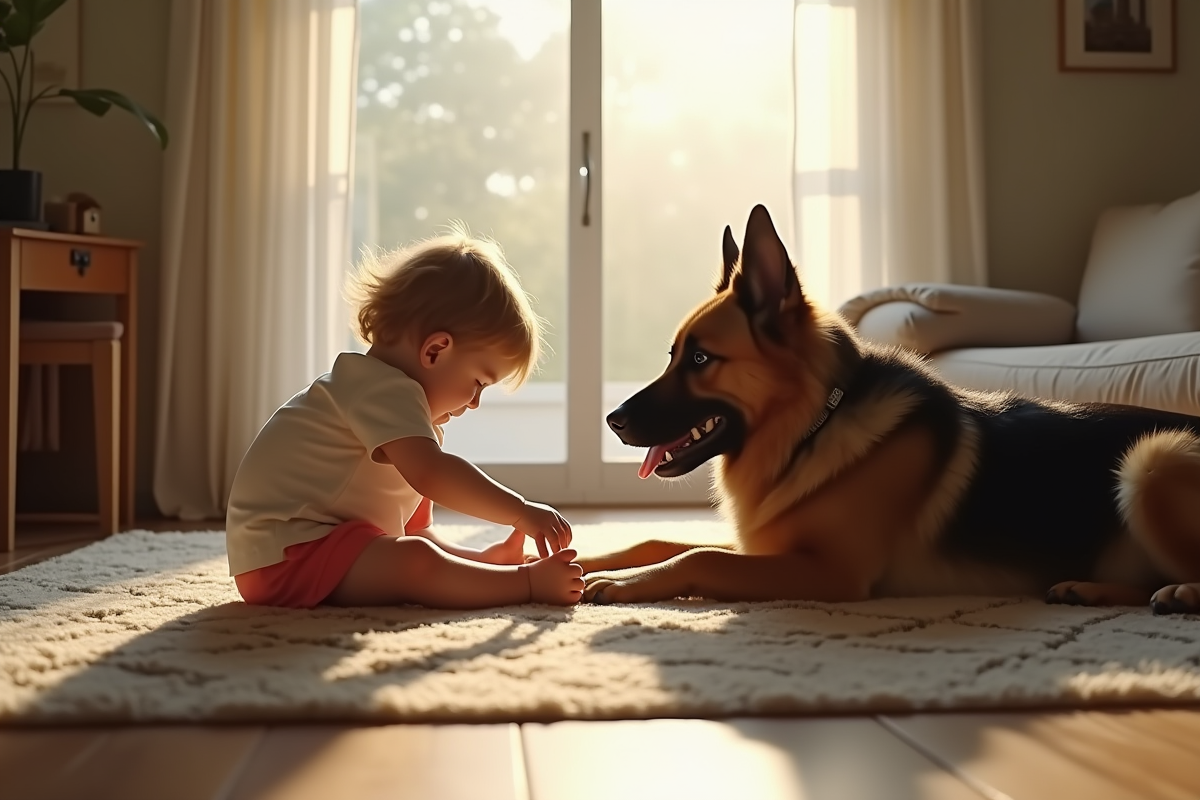 Chien berger allemand et nouton jouant avec un enfant dans un salon