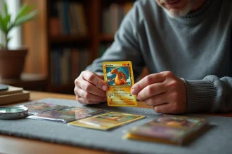 Collectionneur tenant une carte Pokémon Dracaufeu holographique rare entre ses mains avec loupe et protèges-cartes sur bureau en bois