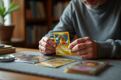 Collectionneur tenant une carte Pokémon Dracaufeu holographique rare entre ses mains avec loupe et protèges-cartes sur bureau en bois