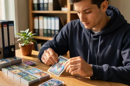 Collectionneur rangeant une carte Pokémon holographique dans une protection rigide sur un bureau en bois