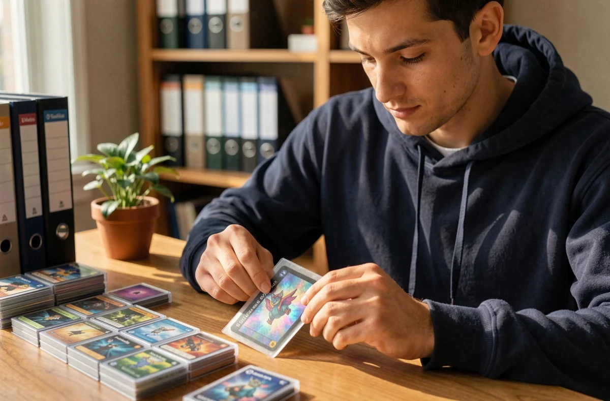 Collectionneur rangeant une carte Pokémon holographique dans une protection rigide sur un bureau en bois