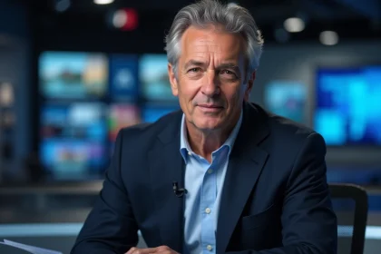 Commentateur politique masculin assis au bureau d'un studio de télévision, regard caméra, ambiance newsroom professionnelle