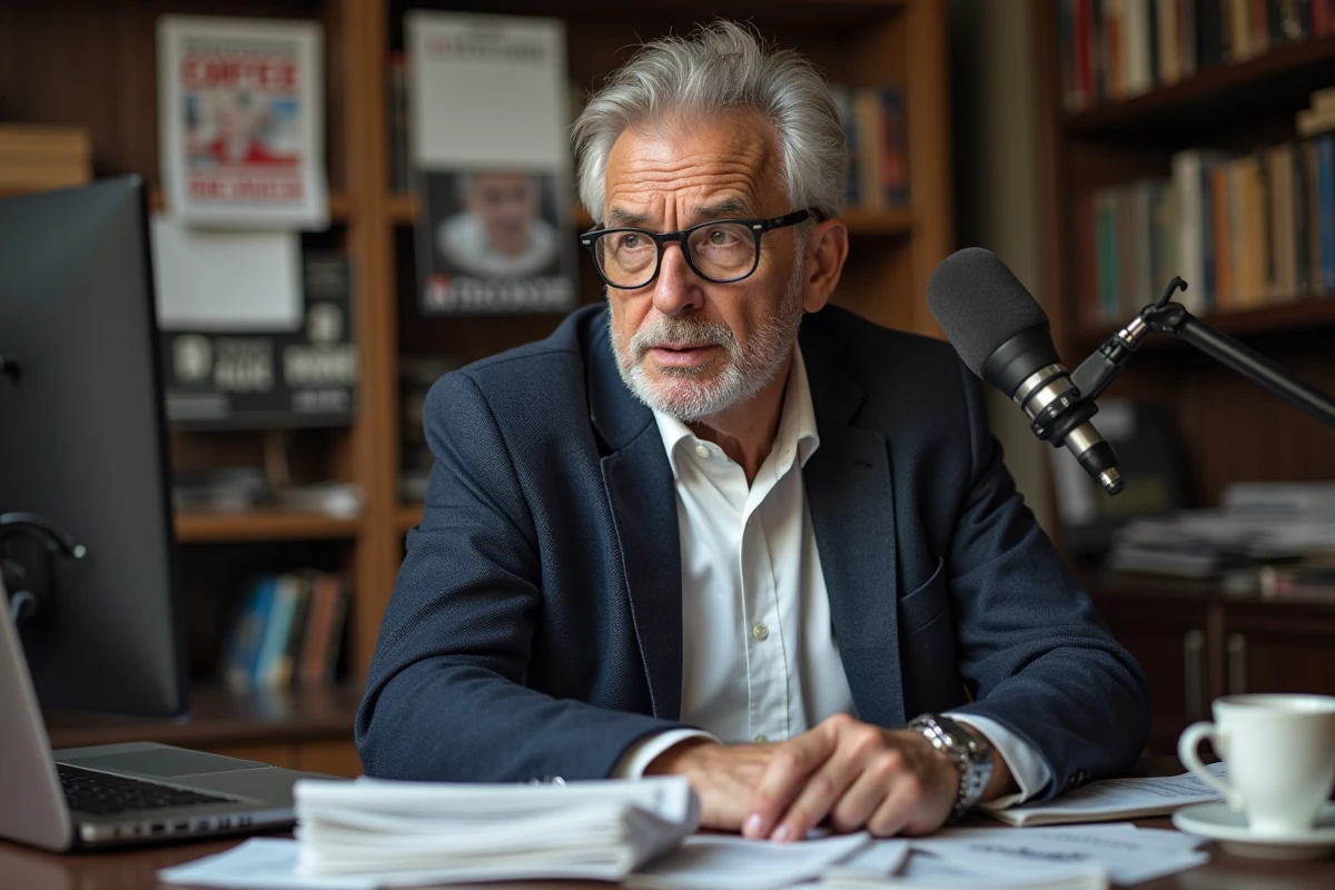 Homme politique âgé parlant dans un bureau avec journaux et posters