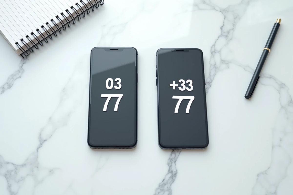 Deux smartphones affichant les formats 03 77 et +33 3 77 côte à côte sur une surface en marbre blanc