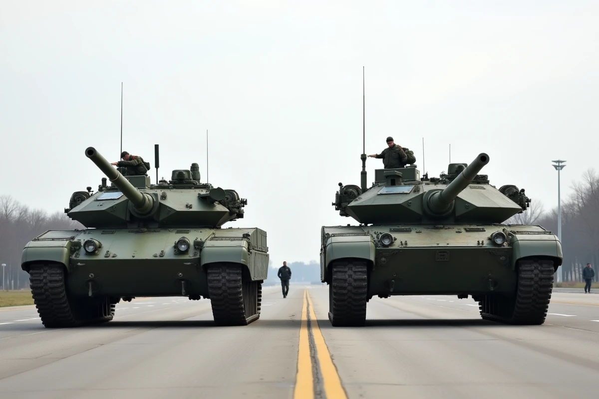 Comparaison côte à côte du Leclerc standard et du Leclerc XLR sur un terrain militaire, mettant en évidence les différences de tourelle et d'équipements
