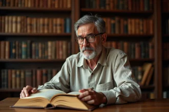 Homme comparant un livre sacré et un livre religieux ordinaire dans une bibliothèque privée en bois sombre
