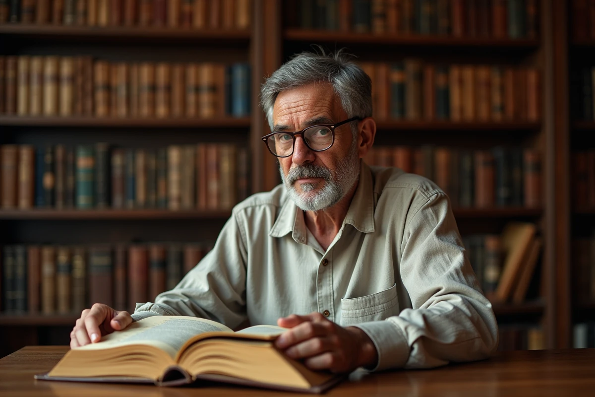 Homme comparant un livre sacré et un livre religieux ordinaire dans une bibliothèque privée en bois sombre