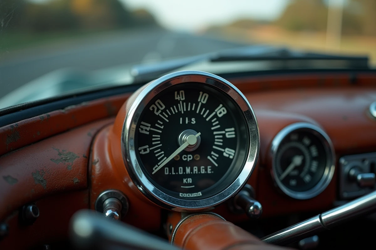 Compteur de vitesse vintage affichant simultanément les miles par heure et les kilomètres par heure dans un tableau de bord rétro