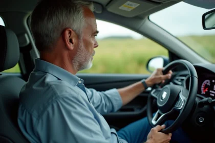 Homme français ajuste le tableau de bord de sa voiture
