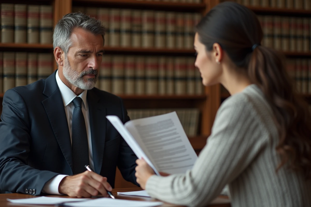 Avocat conseillant une cliente lors d'une consultation juridique pour une contravention de 5e classe en cabinet d'avocats