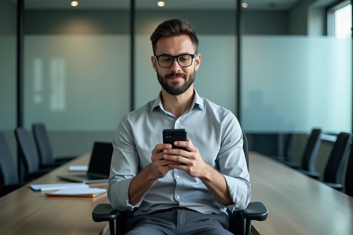 Homme consultant son smartphone discrètement dans une salle de réunion vitrée au bureau