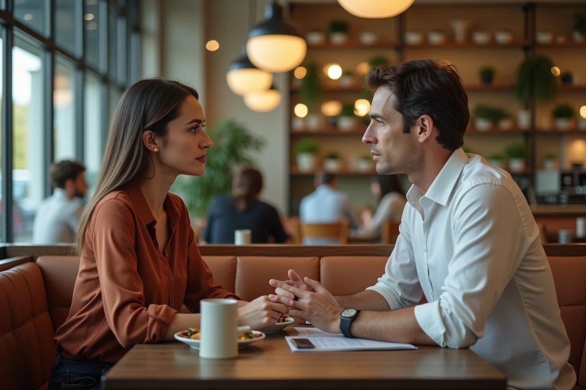 Conversation sérieuse entre collègues à la cafétéria pour clarifier des limites professionnelles et émotionnelles